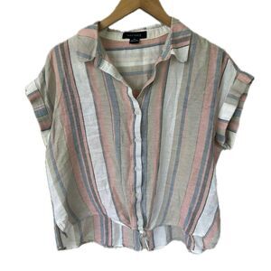 Sanctuary Women's Linen Cotton Blend Stripe Button Down Front Tie Shirt Petite M